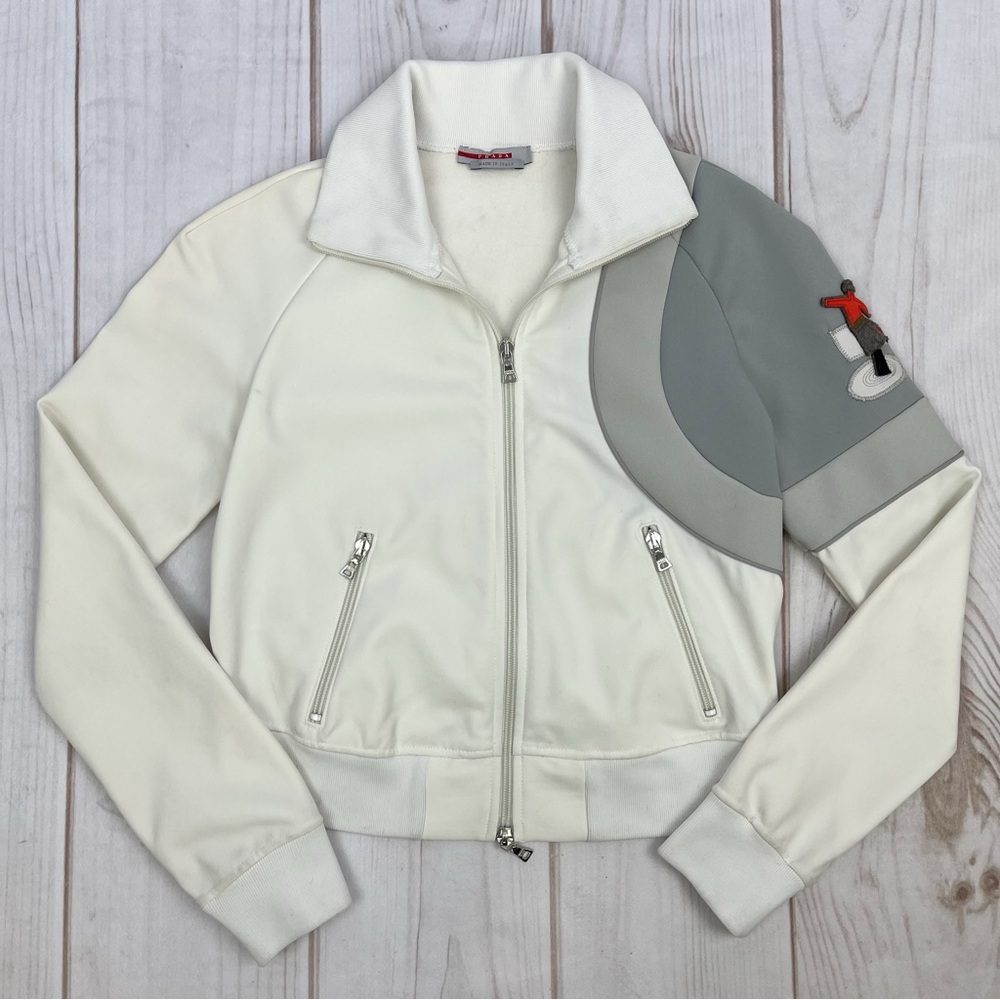 Vintage Y2K PRADA Made in Italy Full Zip Athletic Jacket Skater Appliqué Sz S